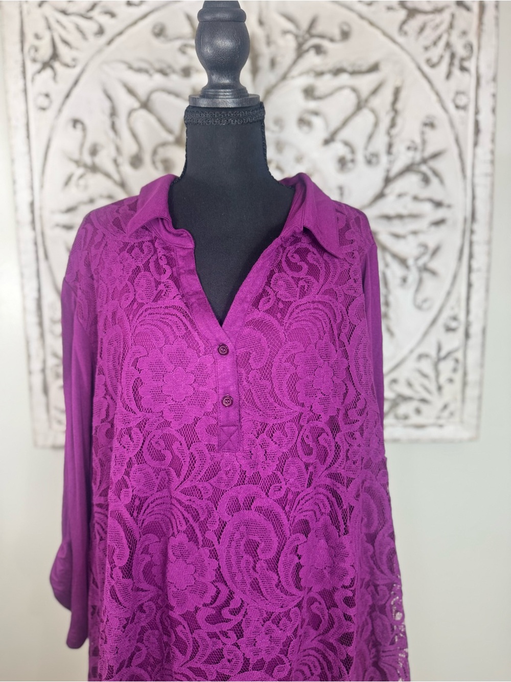 Faded Glory Plus 4X 26W-28W Purple Floral Lace Tunic Top Roll Tab Sleeve NWT
